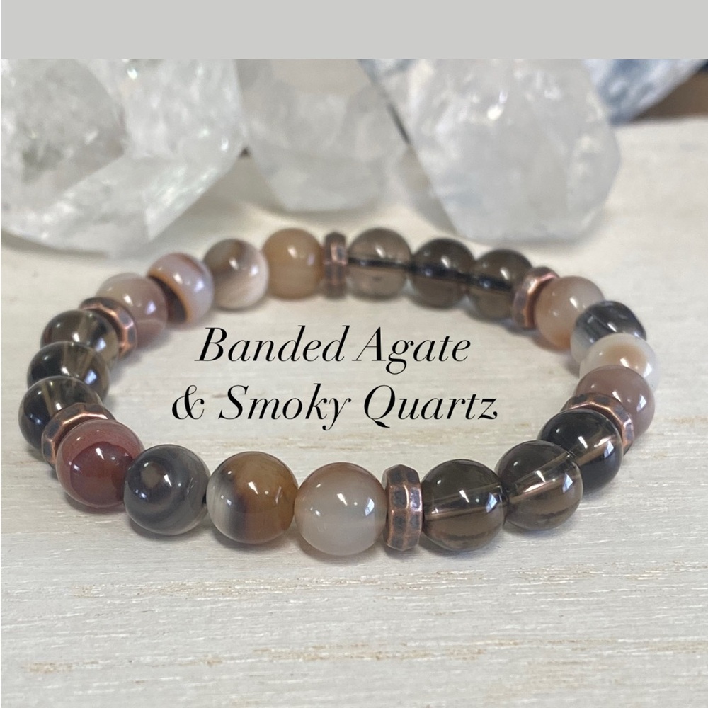 2/$40 - Banded Agate & Smoky Quartz Gemstone Stretchy Bracelet - Unisex - 8 mm